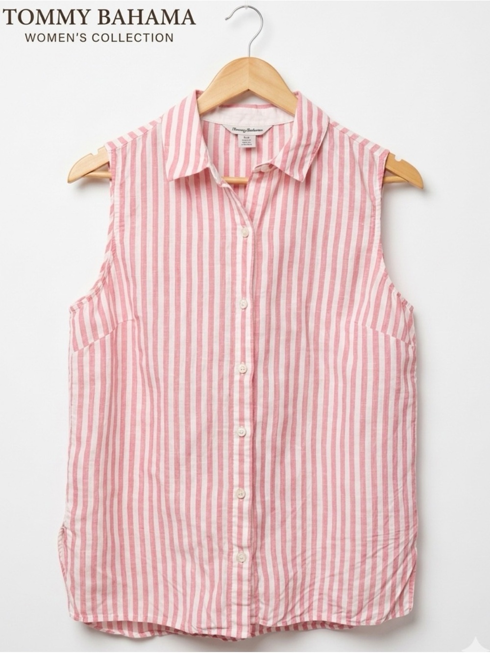 Tommy Bahama Women’s Sz S/P Pink White Striped 100% Linen Sleeveless Button-up